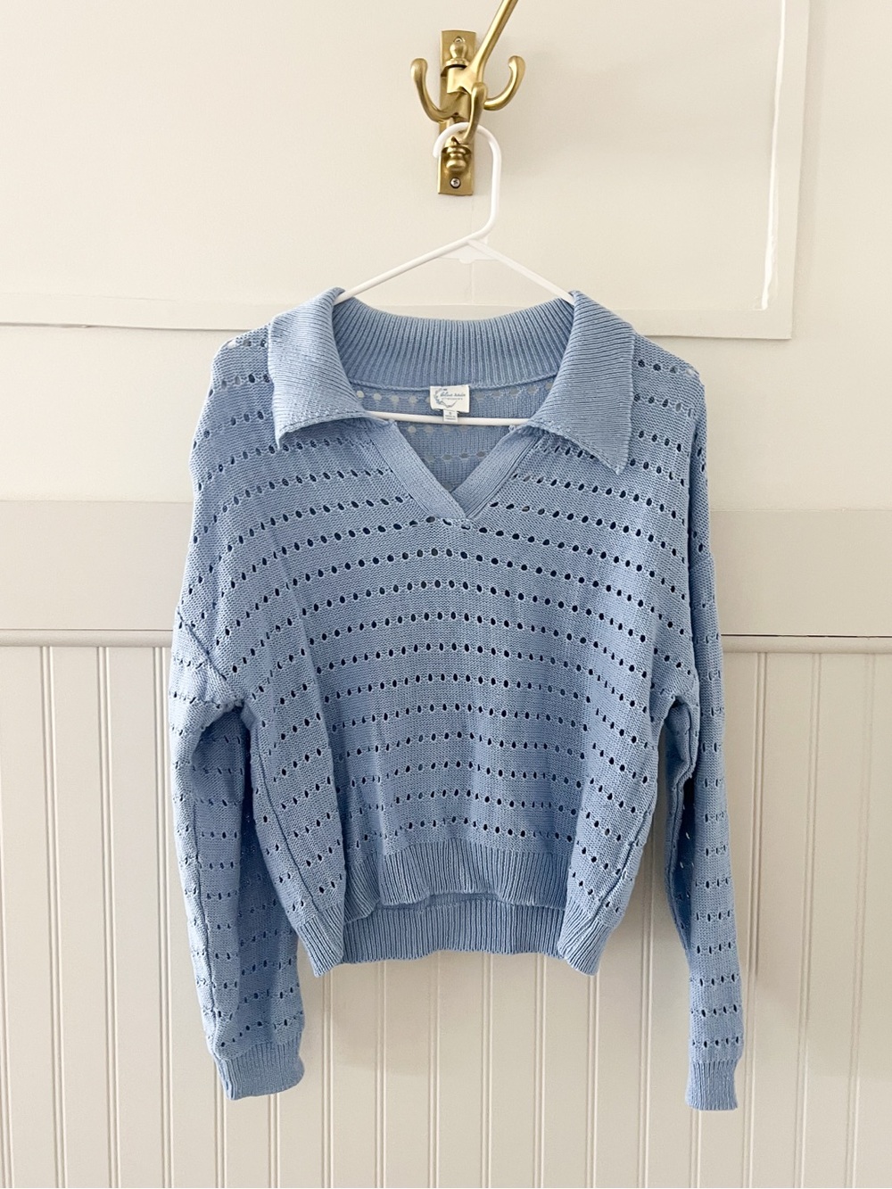 Francesca's Collections Light Blue Pointelle V-Neck Collared Sweater
